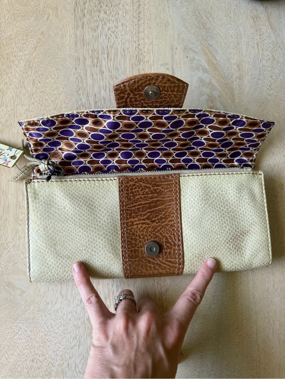 Fossil Leather flap Clutch Cream and Tan Never Used
